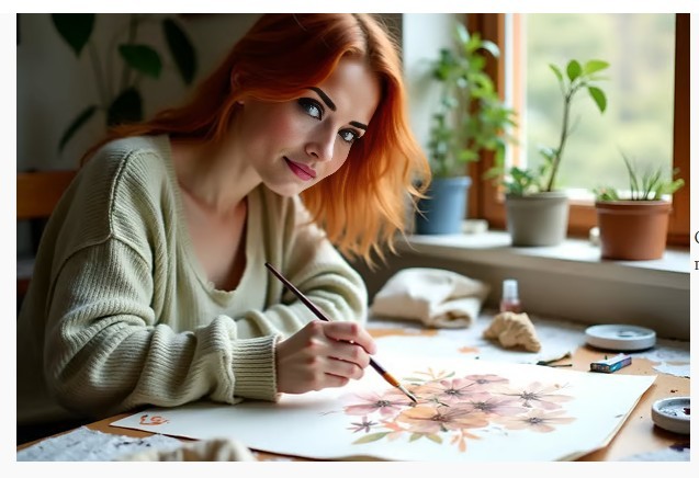 Painting watercolor flowers in her studio