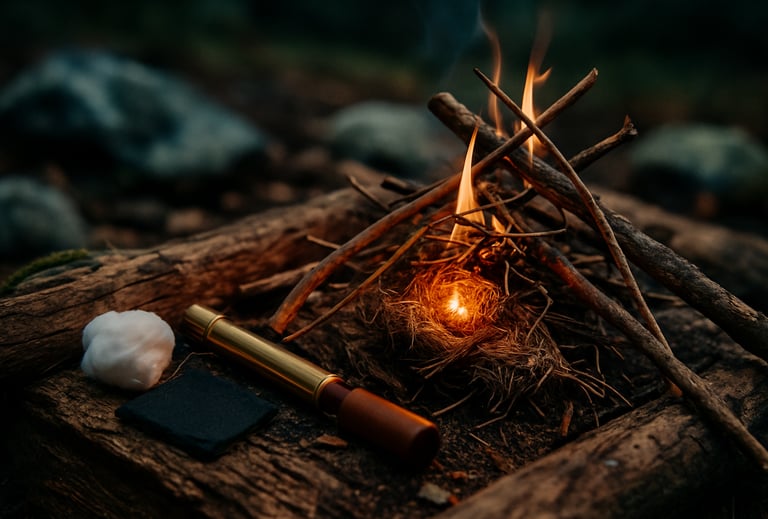 Survival fire burning with flint striker and tinder on forest ground