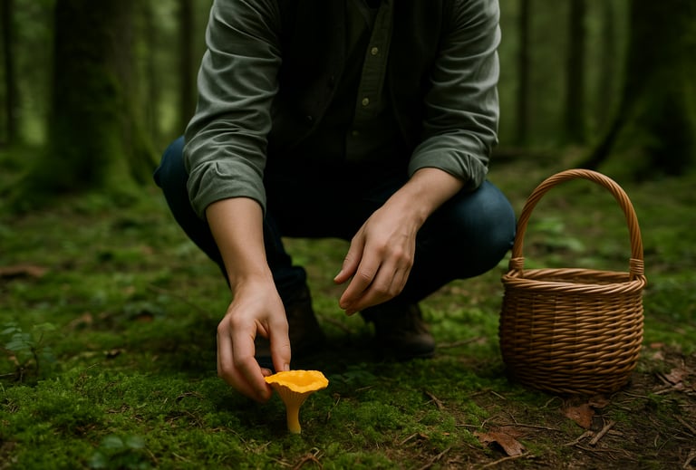Person foraging chanterelle mushroom into basket in mossy forest during wilderness food gathering