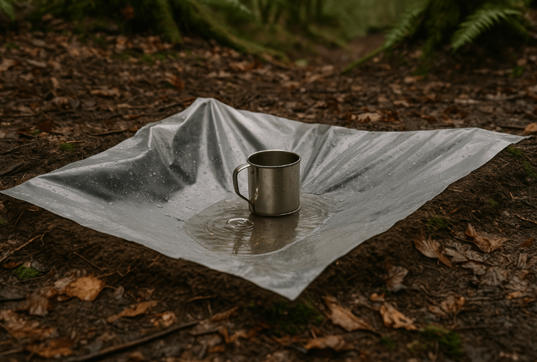 Solar still collecting dew in tarp with cup set in forest soil