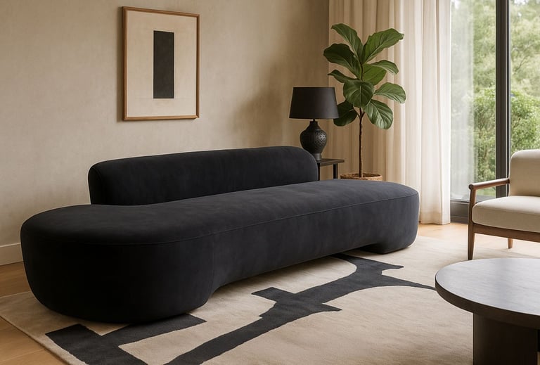 Custom-made modern bench seat sofa with a single long cushion, styled in a sunlit room with neutral tones by Solo Home Decor