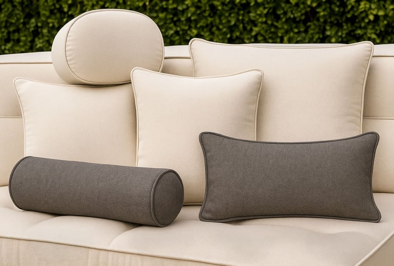 Solo Home Decor’s custom outdoor cushion collection featuring beige and charcoal pillows in various shapes
