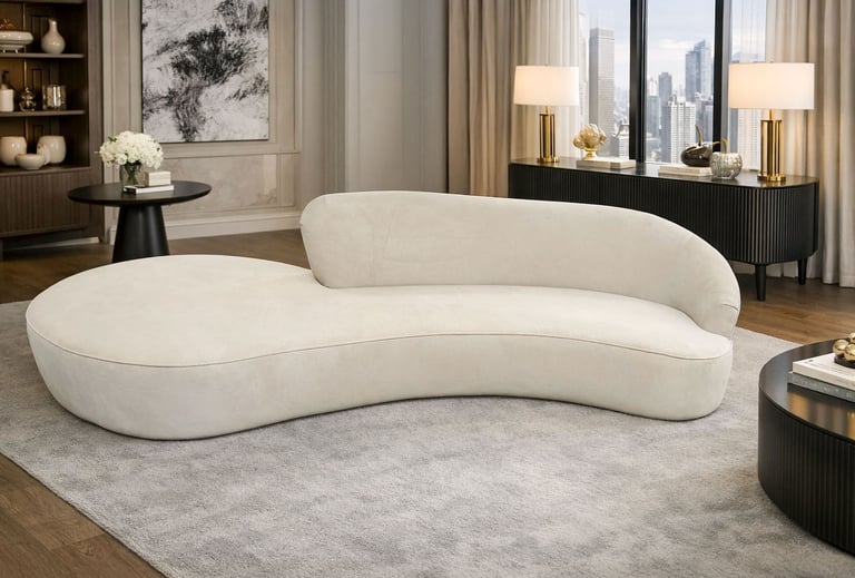 Curved cream sofa in a modern luxury living room with neutral decor, soft area rug, and city-view windows.