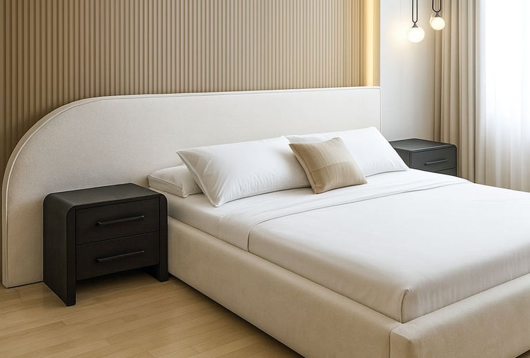 Custom wide headboard extending past nightstands behind a neatly made bed, styled with soft textures by solo home decor