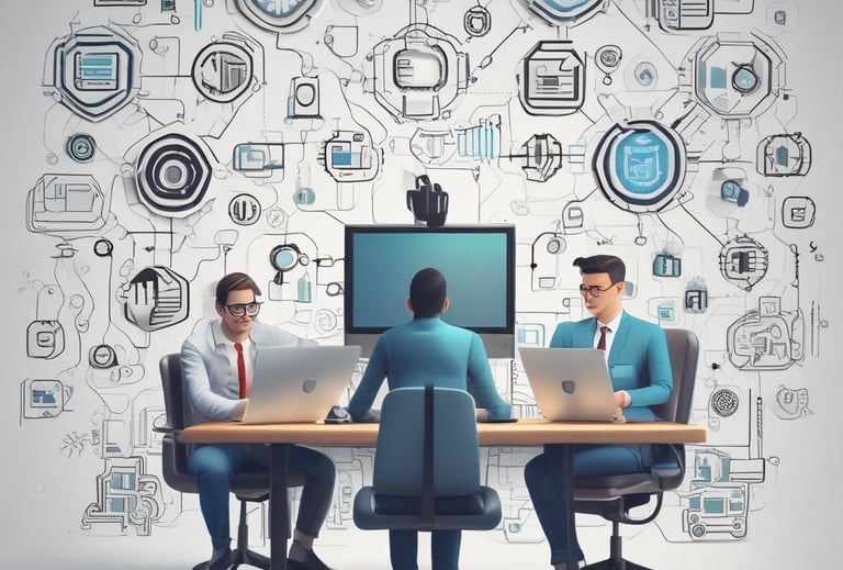 Team collaborating in a modern office with digital screens displaying code and designs.