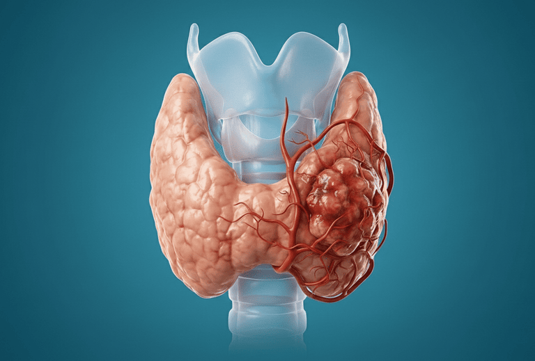 Ilustración médica de una glándula tiroides con un nódulo tumoral canceroso y vasos sanguíneos 