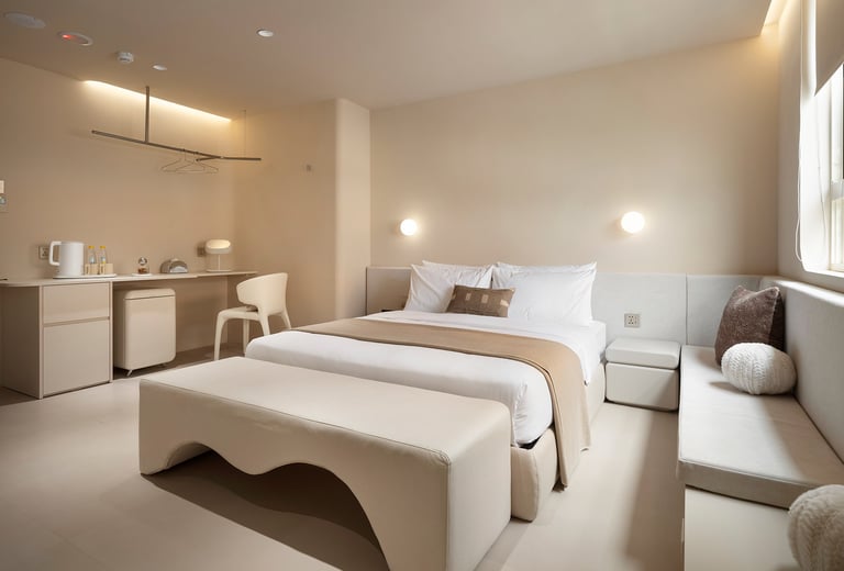 樂爾公寓 LORE Hotel 有窗附浴缸高級雙人房，擁有自然採光與圓角設計，展現無壓感生活美學
