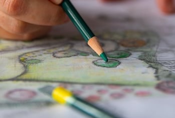 žaliu pieštuku ranka spalvina kraštovaizdžio projekto eskizą