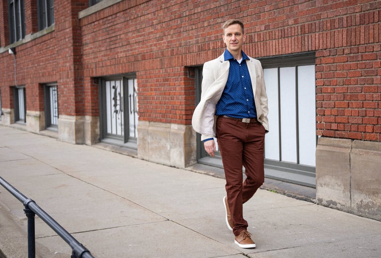 Remy walks along the sidewalk.