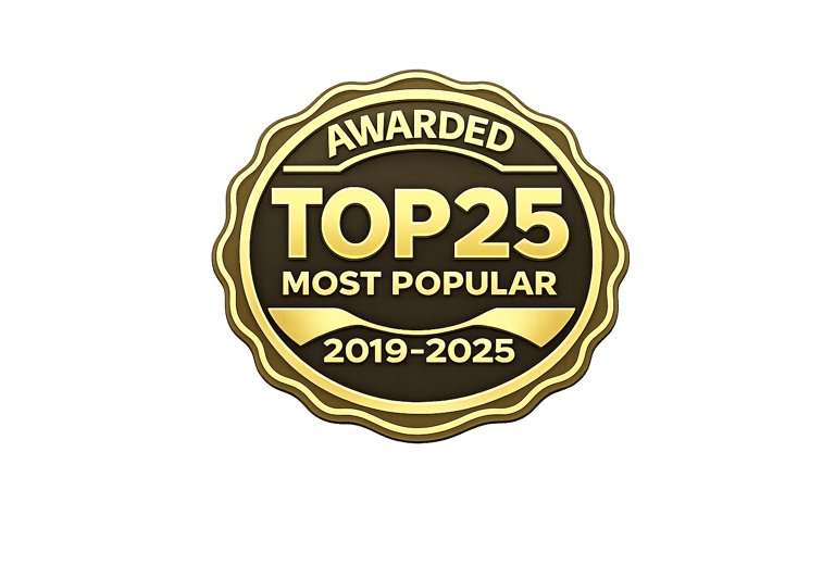 Gold seal emblem for Awarded Top 25 Most Popular 2019-2025 on a black background.