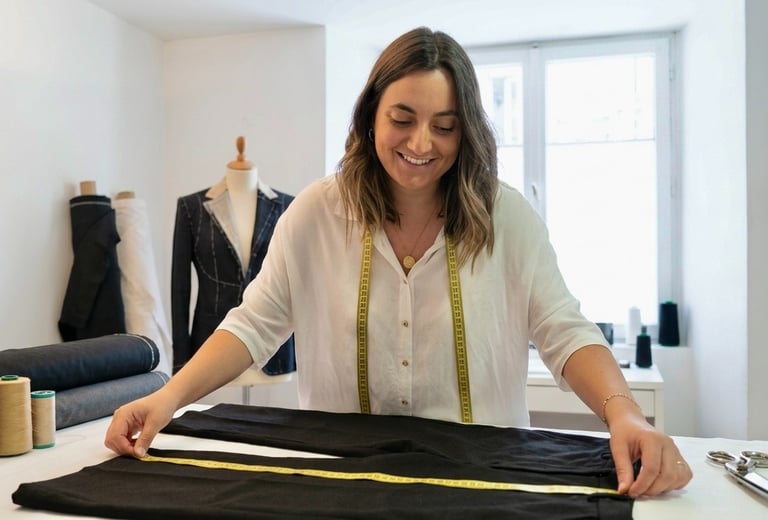 Sandra, profesora de Manrique Studio midiendo una prenda en su taller de confección