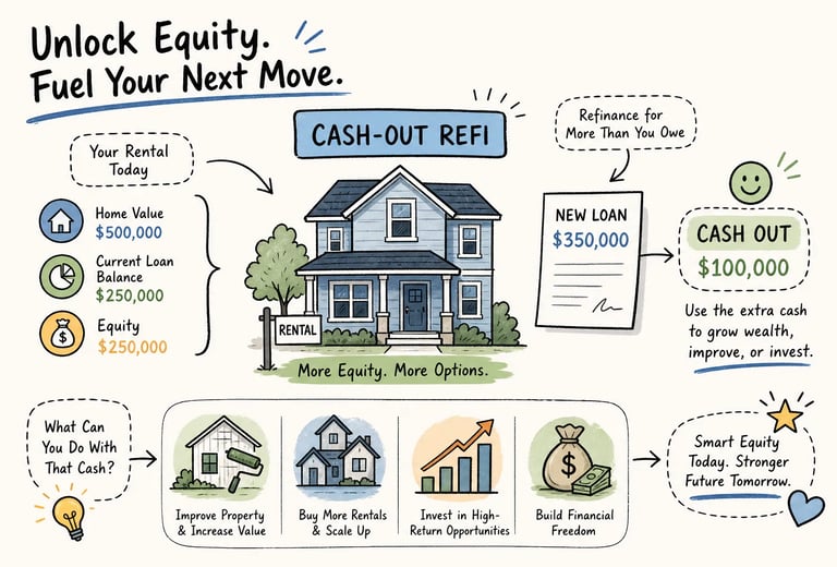 Infographic explaining cash-out refinancing to unlock home equity for real estate investment and property improvements.