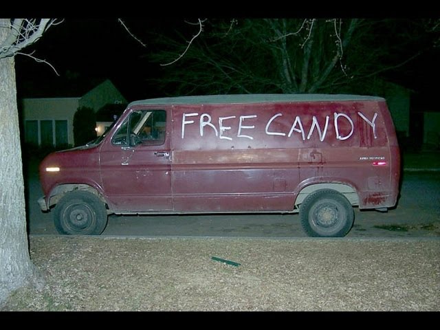 a vandalized van with free candy on the side