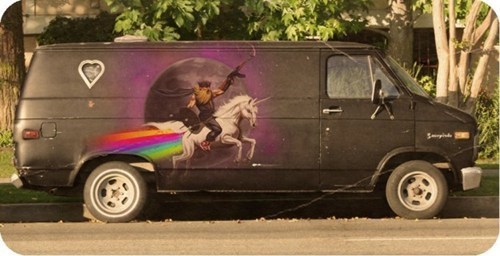 a van with a picture of a man on a horse