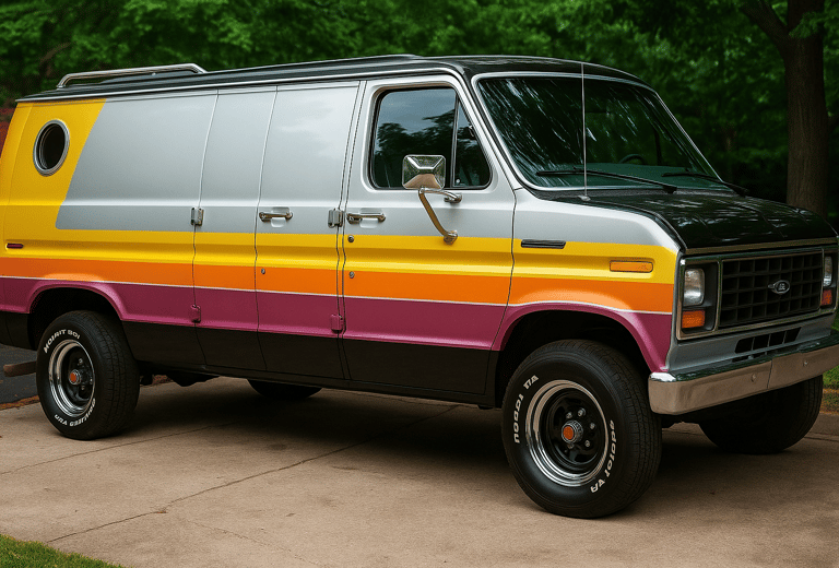 a colorful van parked in a driveway