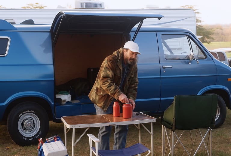 a man standing in front of a van with a table and chairs