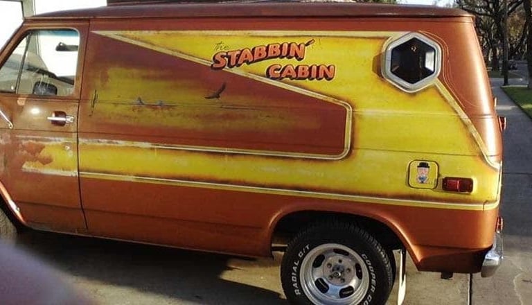 a van with Stabbin Cabin on the side of it