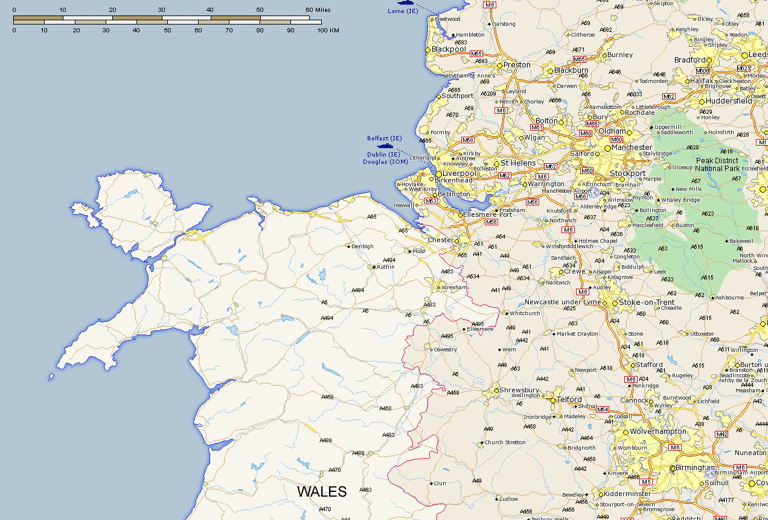 Detailed regional map of North West England and Wales showing major cities like Liverpool and Manchester.