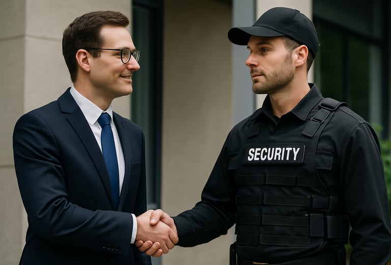 Security company manager shaking hands with a tactical operator – professional agreement for staffin