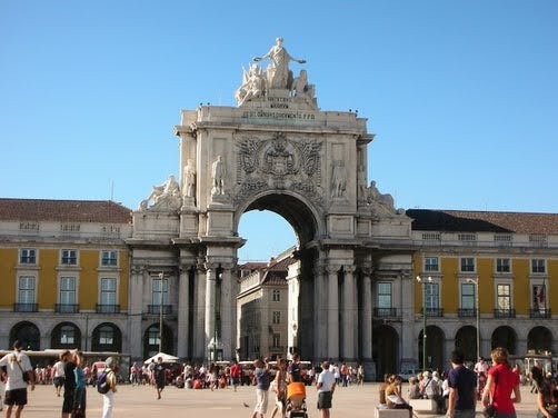 Lisbon - Commerce Plaza archway, lead visitors from Tagus River into the city