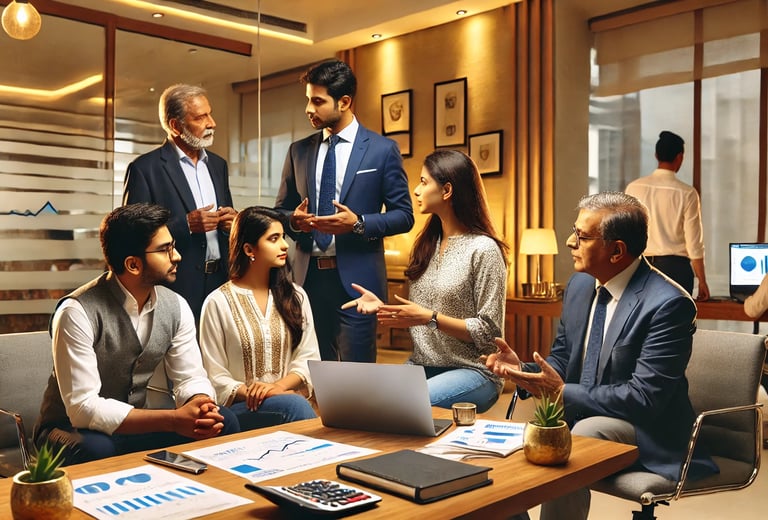 office setting where young clients engage with mid-aged financial advisors in a collaborative