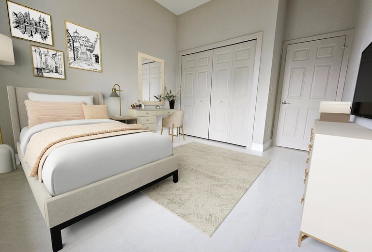 Digitally staged view of bedroom 2, queen size bed and make up vanity with chair