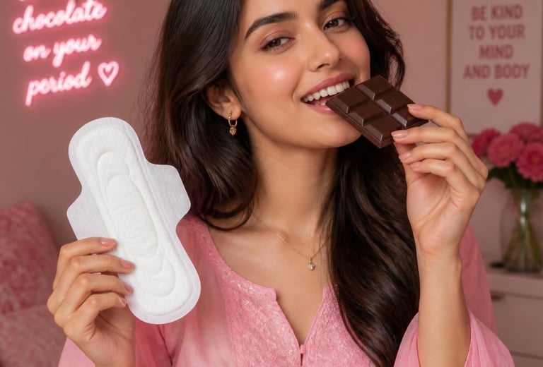 Smiling woman holding a menstrual pad and eating dark chocolate for period relief.