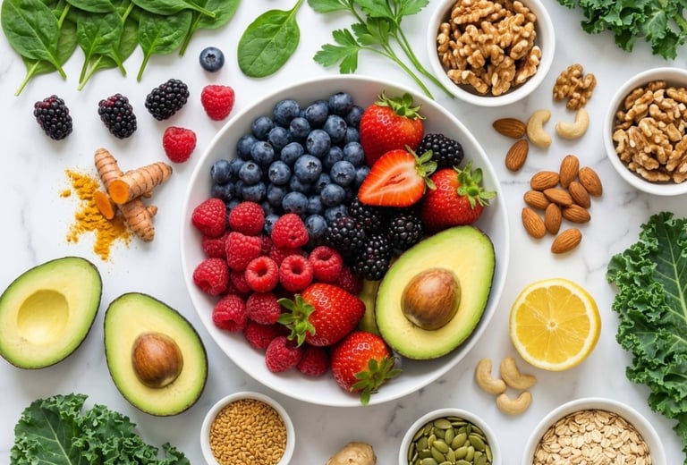 Overhead view of healthy superfoods including berries, avocado, kale, and nuts on a marble background.