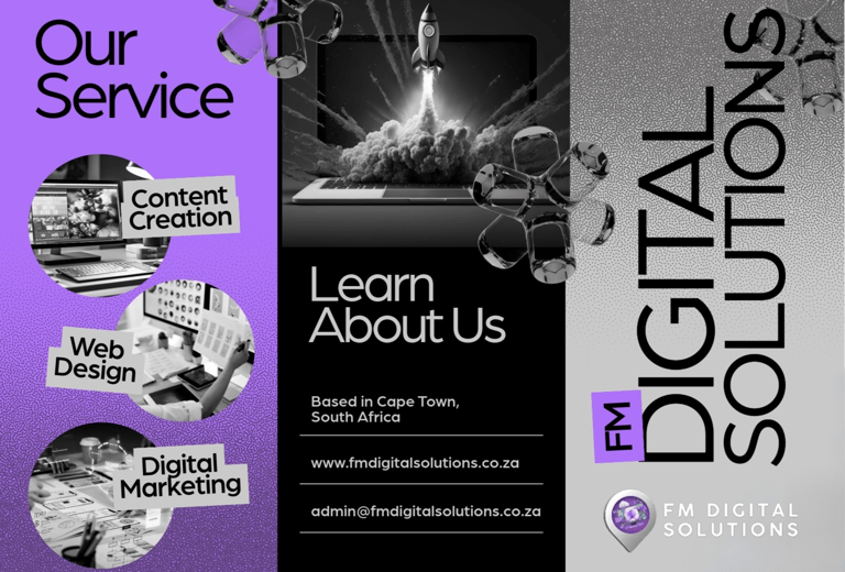 a poster for a business card with a rocket, fm digital solutions, what we offer , web solutions 
