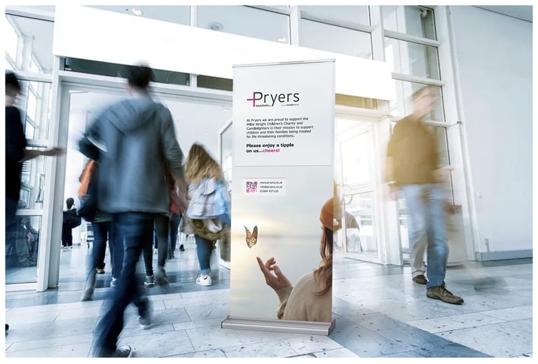 Pryers charity sponsorship pull-up banner designed to promote brand presence at a charity event