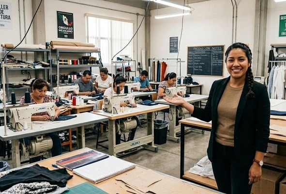 Taller de costura con maquinas de coser y trabajadores de costura trabajando, taller limpio ordenado y en accion