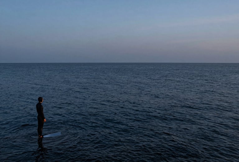 Wide panoramic pre-dawn coastline, a lone freediver in a wetsuit standing at the ocean's edge in the far left third, dark water stretching to the horizon, blue-hour ambient light, documentary-style unposed moment