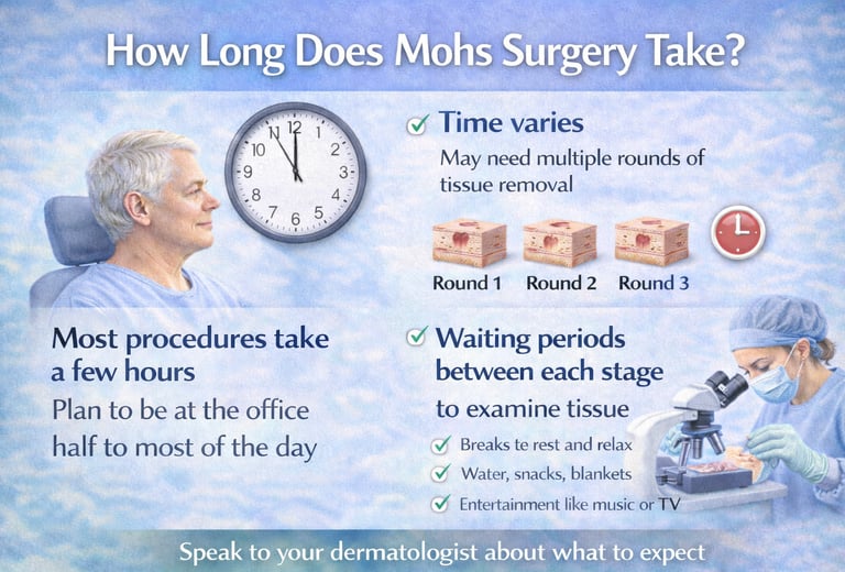 Illustration explaining how long Mohs surgery takes, showing multiple treatment stages