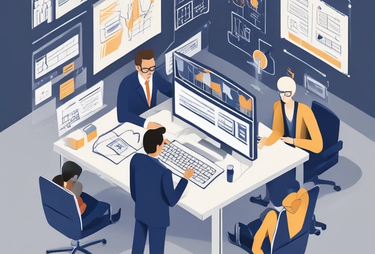 A team of professionals discussing plans over a conference table filled with documents.