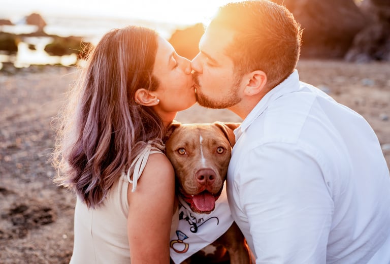 a man and woman kissing on the beach
