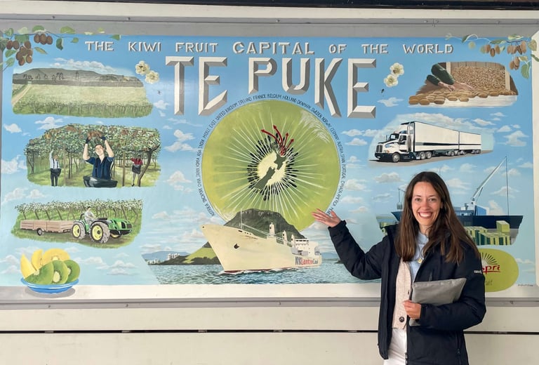 Cartel explicando las temporadas del kiwi en Te Puke, NZ