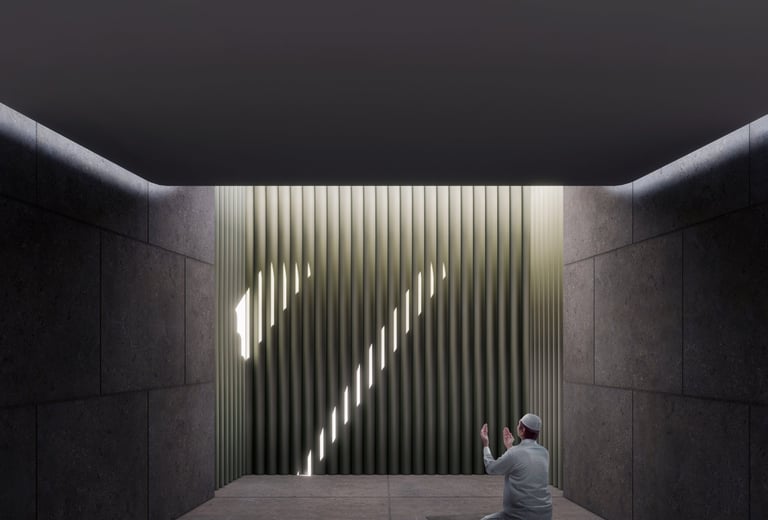 A man praying in a solemn space