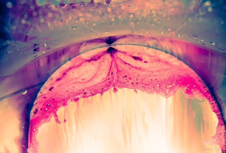 Fond de cuve écarlate, photographie d’art révélant la matière du vin en fermentation.
