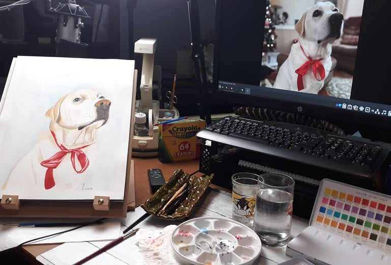 commissioned pet portrait of a Yellow Labrador Retriever