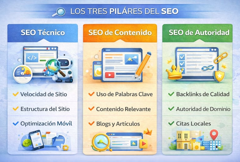 Los tres pilares fundamentales del SEO técnico, de contenido y de autoridad