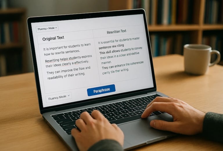 Student using QuillBot AI on a laptop to paraphrase and rewrite academic text