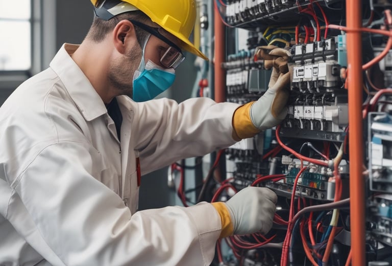 A garage with a sign reading 'Auto Electrical' above the entrance. Several vehicles, including a white van and a flatbed truck, are parked in front of the building. A person is seen working near the vehicles. A green street sweeper or council vehicle is on the street in the foreground.