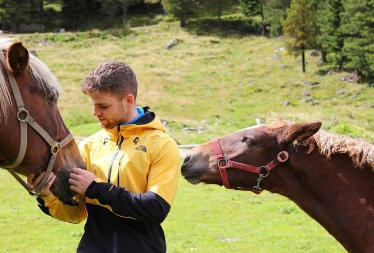 Kletterinstruktor Christoph streichelt Pferde in den Bergen