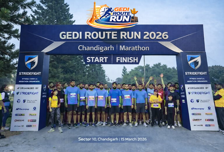 Gedi Route Run 2026 Chandigarh marathon start and finish arch with runners, organized by Stridefight