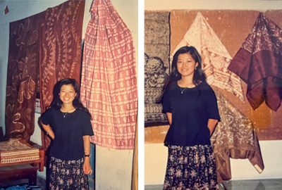 Kayoko standing in front of  her fabric graduation work at Visva Bharati University.