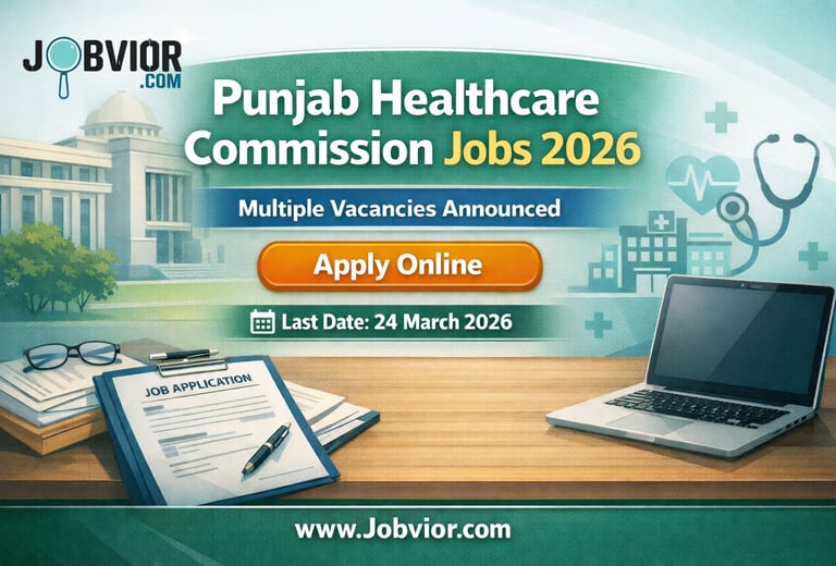 Punjab Healthcare Commission Jobs 2026 announcement banner with Jobvior.com logo, healthcare office 