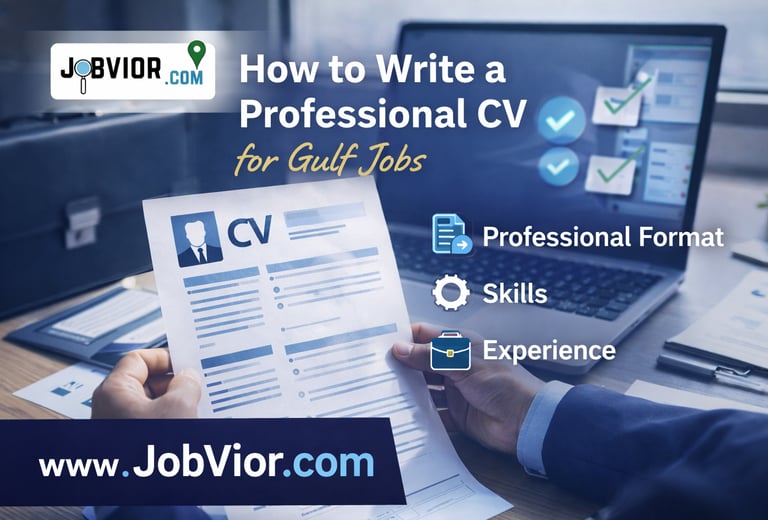 Professional CV writing guide for Gulf jobs showing a recruiter reviewing a CV with laptop and check