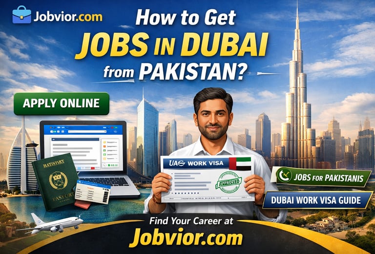 Dubai jobs for Pakistanis guide showing Dubai skyline, UAE work visa approval, laptop for online job