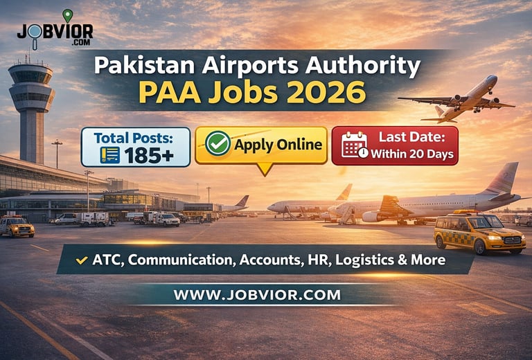 Pakistan Airports Authority PAA Jobs 2026 blog banner with airport runway background, airplane takin