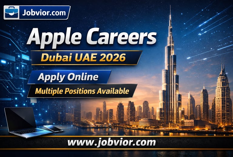 4:3 promotional blog image for Apple Careers Dubai UAE 2026 showing a modern technology-themed backg